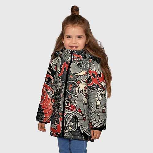 Зимняя куртка для девочки Самурай Якудза, драконы / 3D-Черный – фото 3