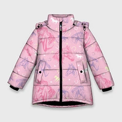 Куртка зимняя для девочки Лошади на розовом фоне, цвет: 3D-черный