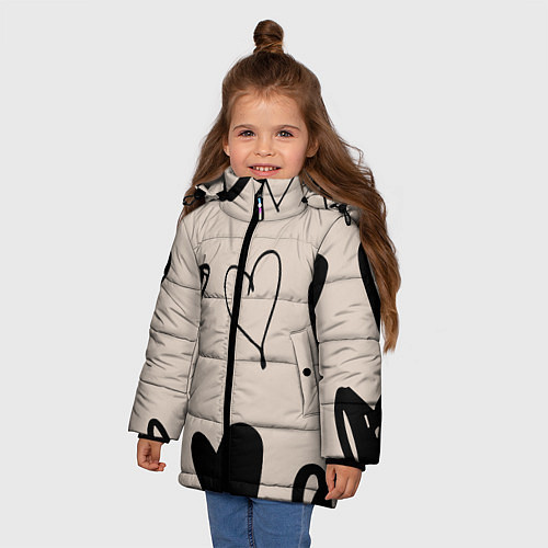 Зимняя куртка для девочки Сердечный паттерн / 3D-Черный – фото 3