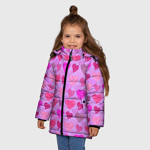 Зимняя куртка для девочки Розовые сердечки / 3D-Черный – фото 3