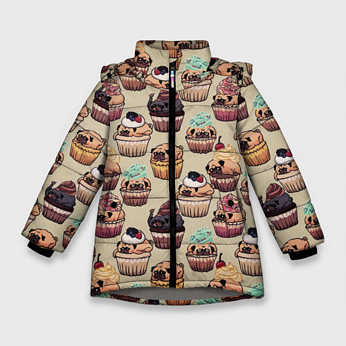Зимняя куртка для девочки Мопсы - Кексики / 3D-Светло-серый – фото 1