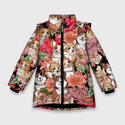 Куртка зимняя для девочки Корги & Цветы, цвет: 3D-черный