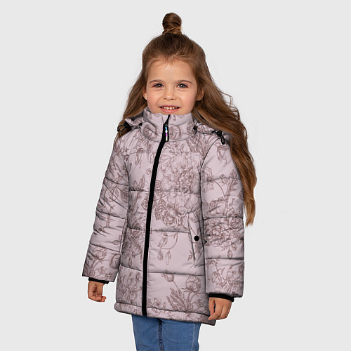 Зимняя куртка для девочки Розы с пионами / 3D-Черный – фото 3