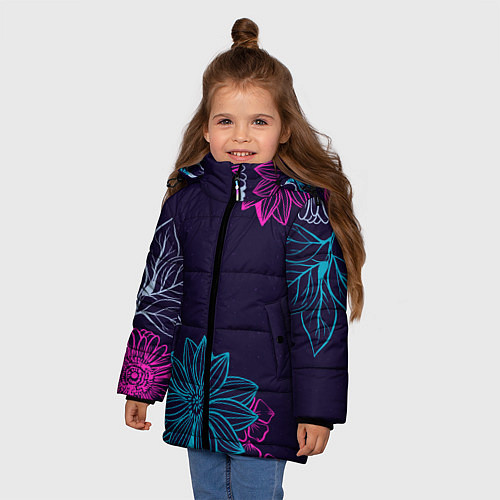 Зимняя куртка для девочки Красочные Цветы / 3D-Черный – фото 3