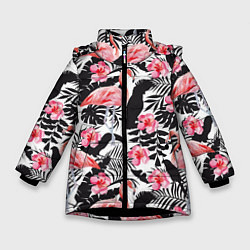 Куртка зимняя для девочки Фламинго и попугаи, цвет: 3D-черный