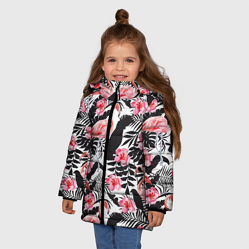 Зимняя куртка для девочки Фламинго и попугаи / 3D-Черный – фото 3