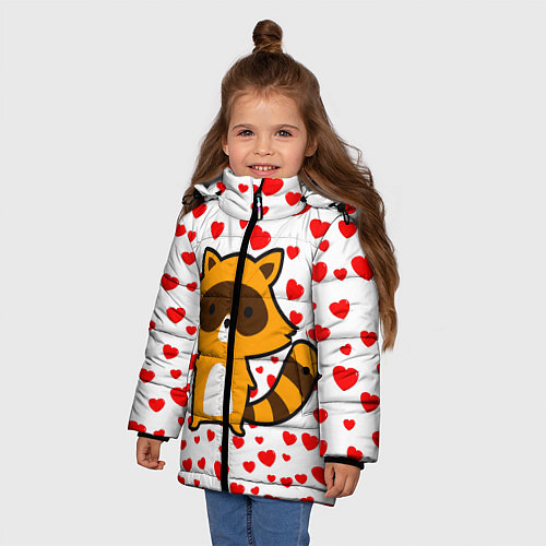 Зимняя куртка для девочки Енот в сердечках / 3D-Черный – фото 3