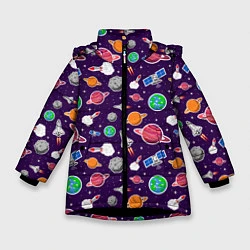 Куртка зимняя для девочки Корабли, планеты и спутники, цвет: 3D-черный