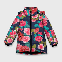 Куртка зимняя для девочки Цветочный узор из красных роз, цвет: 3D-черный