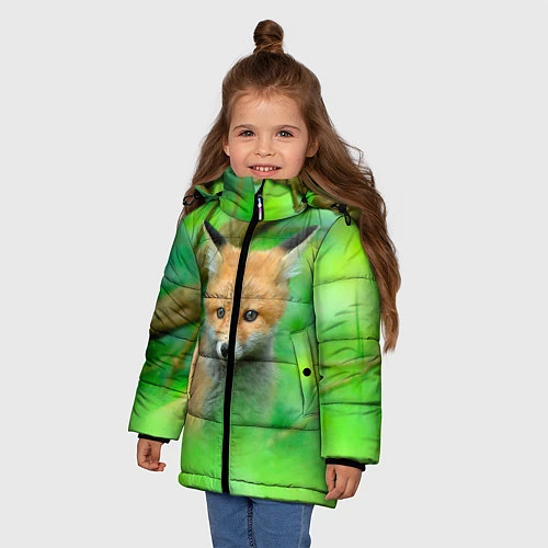 Зимняя куртка для девочки Лисенок в зеленом лесу / 3D-Черный – фото 3