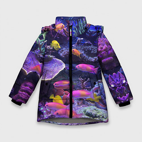 Зимняя куртка для девочки Коралловые рыбки / 3D-Светло-серый – фото 1