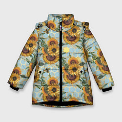 Куртка зимняя для девочки Подсолнухи и пчёлы на голубом, цвет: 3D-черный
