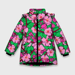 Куртка зимняя для девочки Цветы Сакуры, Sakura, цвет: 3D-черный