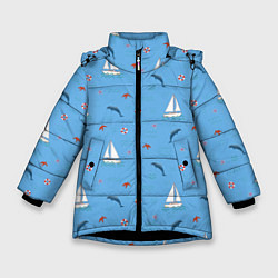Куртка зимняя для девочки Море, дельфины, парусник, цвет: 3D-черный