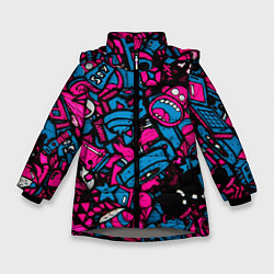 Куртка зимняя для девочки Мультяшные кислотные картинки, цвет: 3D-светло-серый