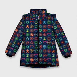 Куртка зимняя для девочки Морской разноцветный узор, цвет: 3D-черный