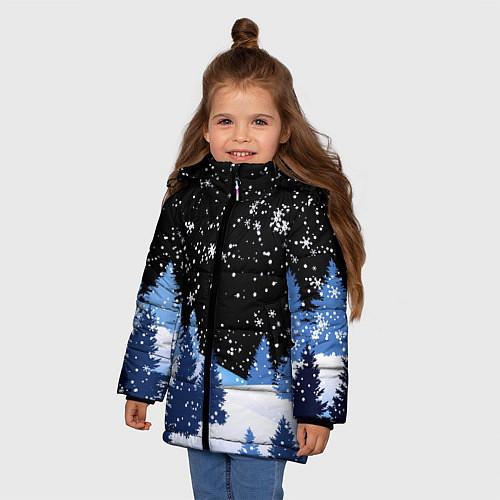 Зимняя куртка для девочки Снежная ночь в зимнем лесу / 3D-Красный – фото 3