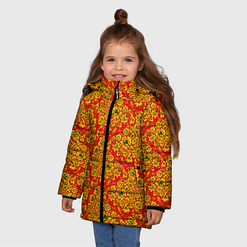 Зимняя куртка для девочки Хохломские узоры / 3D-Черный – фото 3
