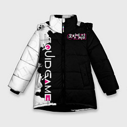 Куртка зимняя для девочки ИГРА В КАЛЬМАРА ЛОГО,БРЫЗГИ КРАСОК ЧБ, цвет: 3D-черный