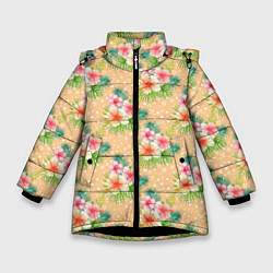 Куртка зимняя для девочки Гавайские цеты, цвет: 3D-черный