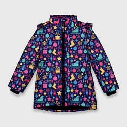 Куртка зимняя для девочки Новогодние Игрушки и Украшения, цвет: 3D-черный