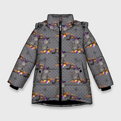 Куртка зимняя для девочки Кот с тыквой хэллоуин, цвет: 3D-черный