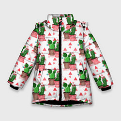 Куртка зимняя для девочки Кактусы в горшках, цвет: 3D-черный