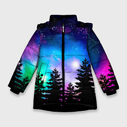 Куртка зимняя для девочки Космический лес, елки и звезды, цвет: 3D-черный