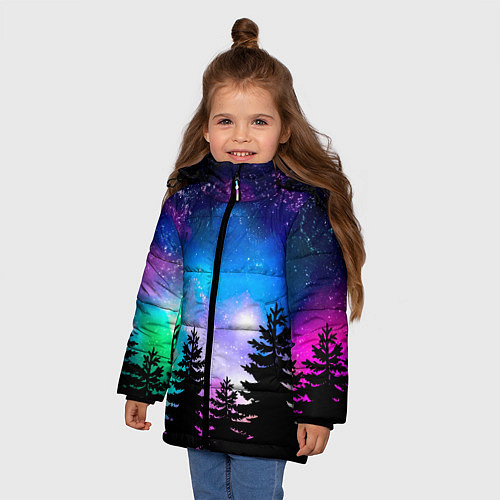 Зимняя куртка для девочки Космический лес, елки и звезды / 3D-Черный – фото 3