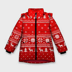 Куртка зимняя для девочки Красный узор с оленями, цвет: 3D-красный