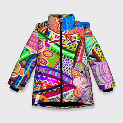 Зимняя куртка для девочки Разноцветные яркие рыбки на абстрактном цветном фо
