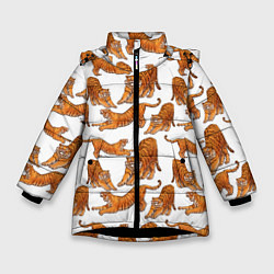 Куртка зимняя для девочки Тигровые потягушки паттерн белый, цвет: 3D-черный