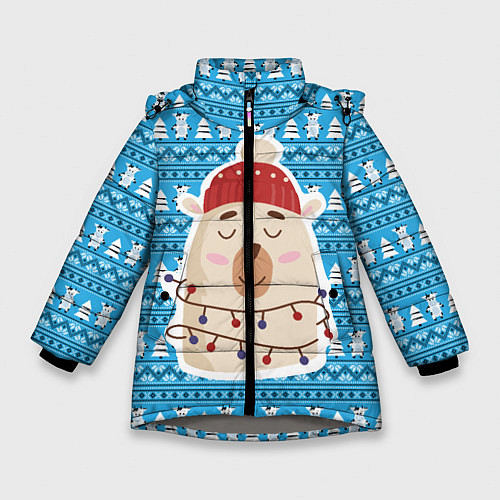 Зимняя куртка для девочки Медведь в гирляндах Новый год / 3D-Светло-серый – фото 1