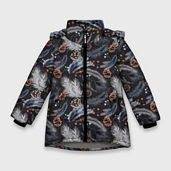 Куртка зимняя для девочки Узор из еловых веток и шишек Акварельный рисунок, цвет: 3D-светло-серый
