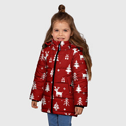 Куртка зимняя для девочки Новогодние олени и елки на красном фоне, цвет: 3D-красный — фото 2