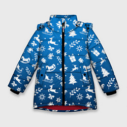 Куртка зимняя для девочки СИНИЙ НОВОГОДНИЙ УЗОР 2022, цвет: 3D-красный