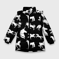 Куртка зимняя для девочки Белые единороги на черном фоне, цвет: 3D-черный
