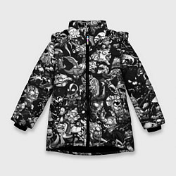 Куртка зимняя для девочки DOTA 2 ВСЕ ПЕРСОНАЖИ ЧЁРНО БЕЛЫЙ, цвет: 3D-черный