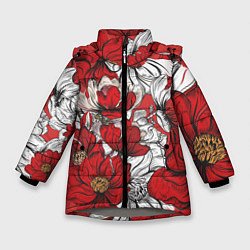 Куртка зимняя для девочки Цветы на алом фоне, цвет: 3D-светло-серый