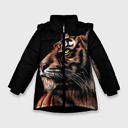 Куртка зимняя для девочки Тигр в Темноте Взгляд Вверх, цвет: 3D-черный
