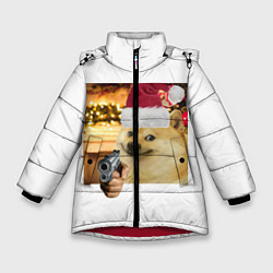 Куртка зимняя для девочки Новогодняя собака злоупотребляет второй поправкой, цвет: 3D-красный
