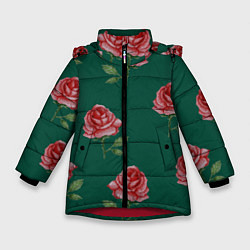 Зимняя куртка для девочки Ярко красные розы на темно-зеленом фоне