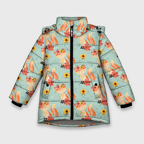 Зимняя куртка для девочки Лисички паттерн / 3D-Светло-серый – фото 1