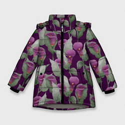 Зимняя куртка для девочки Фиолетовые каллы на темно фиолетовом фоне