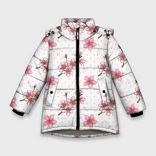 Зимняя куртка для девочки Сакура паттерн / 3D-Светло-серый – фото 1
