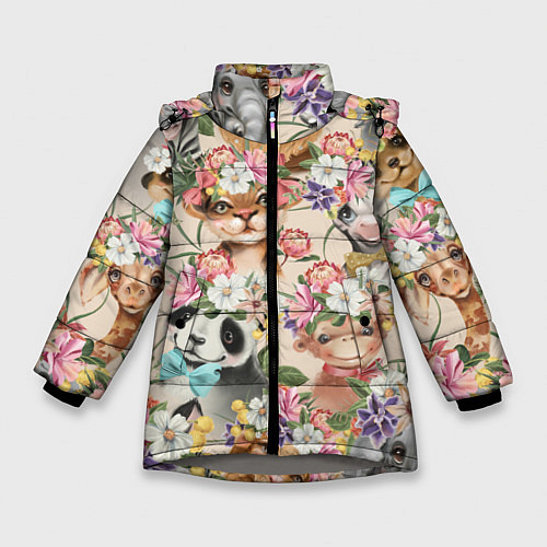 Зимняя куртка для девочки Дикие животные паттерн / 3D-Светло-серый – фото 1
