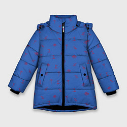 Куртка зимняя для девочки Зимние виды спорта на синем фоне, цвет: 3D-черный