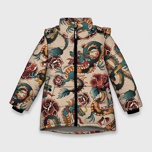 Зимняя куртка для девочки Мифические японские драконы / 3D-Светло-серый – фото 1