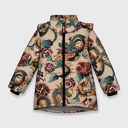 Куртка зимняя для девочки Мифические японские драконы, цвет: 3D-светло-серый