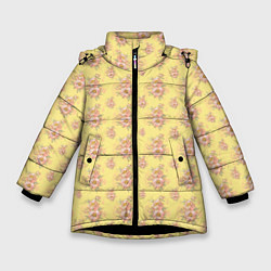 Куртка зимняя для девочки Розовые пионы на желтом фоне, цвет: 3D-черный
